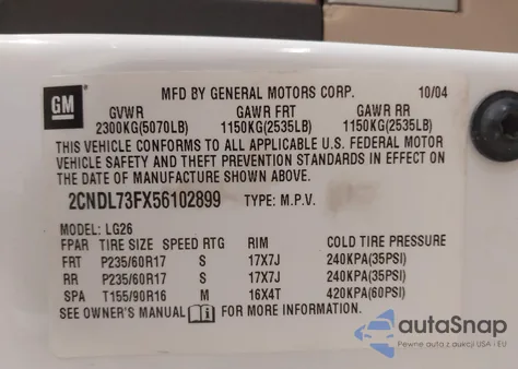 2005 Chevrolet Equinox Lt z USA, uszkodzony, nr VIN 2CNDL73FX56102899